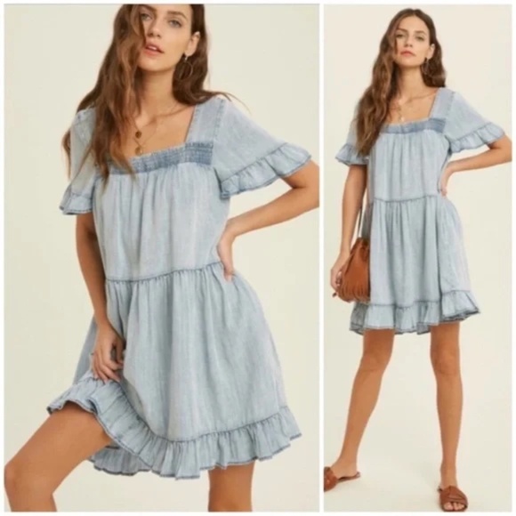 Denim Tencel Square Neck Short Sleeve Ruffle Trim Babydoll Casual Mini Dress - Picture 1 of 11